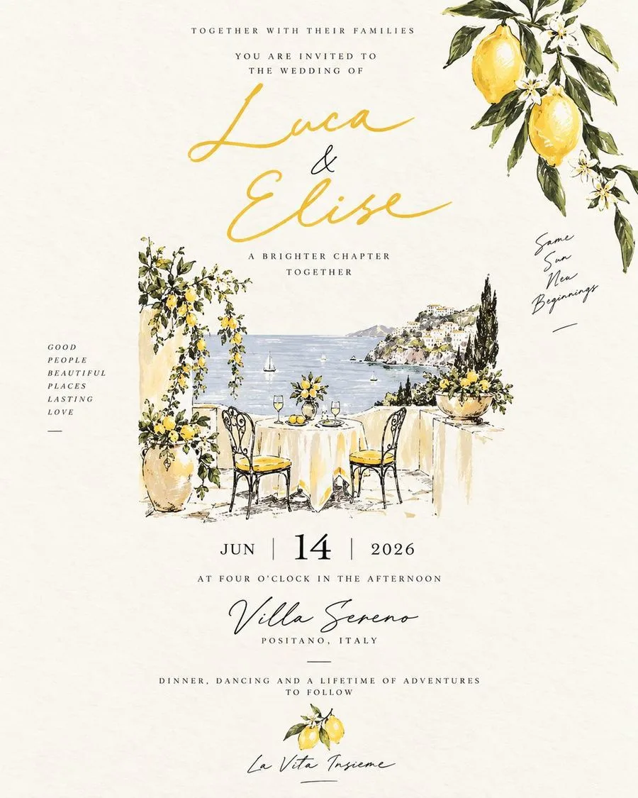 Amalfi Lemon Wedding Invitation, AI generated image