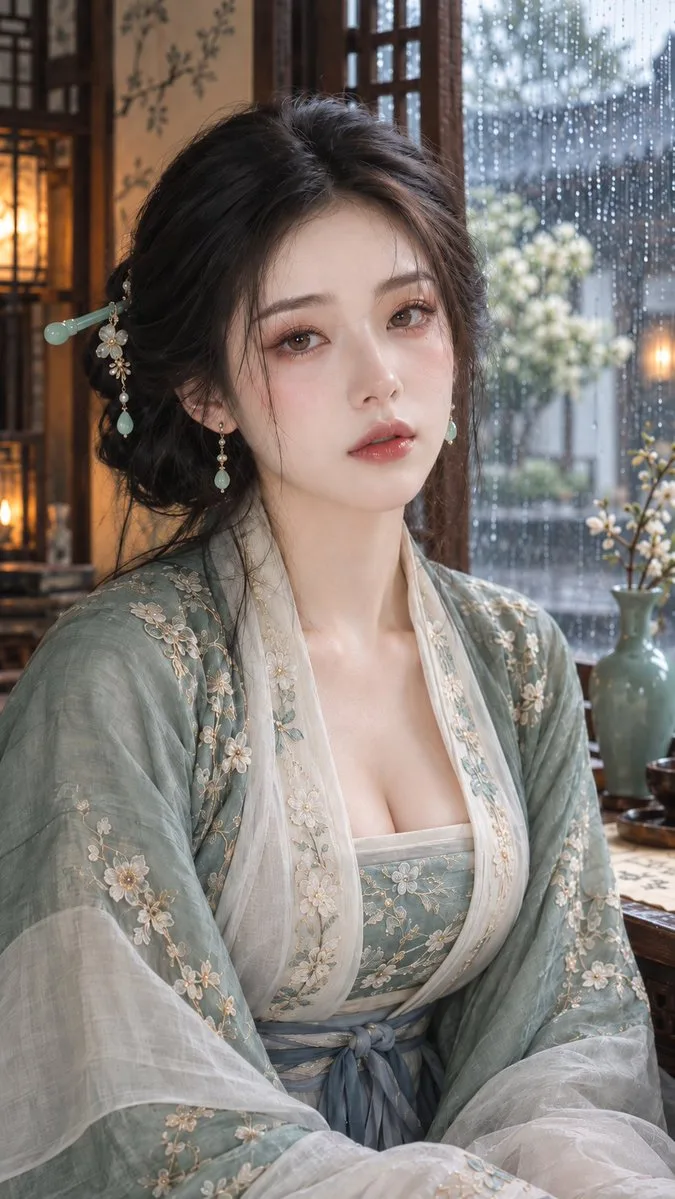 Ancient Chinese Rain Portrait, AI generated image