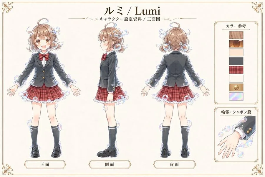Anime Character Design Sheet Lumi, AI generated image