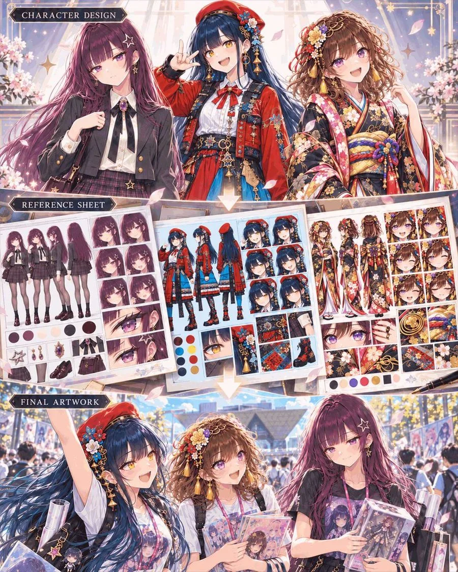 Anime Character Design Workflow Infographic, AI generated image