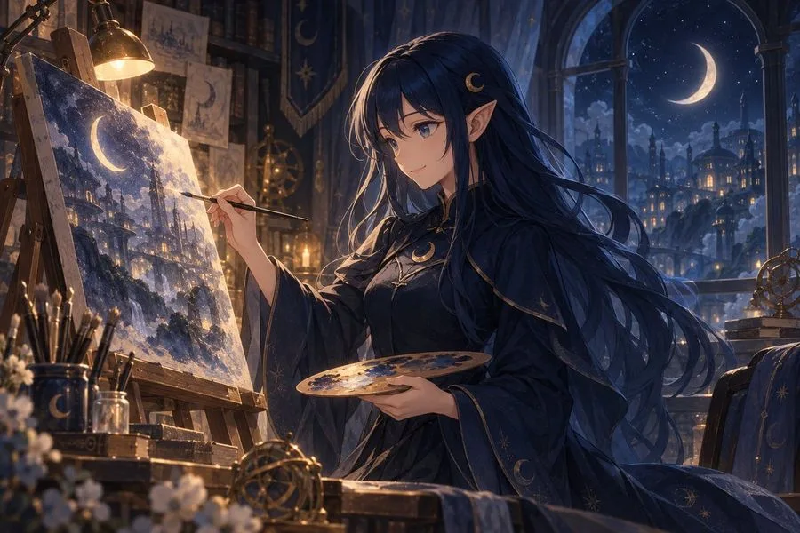 Anime Elf Artist Painting Night, AI generated image