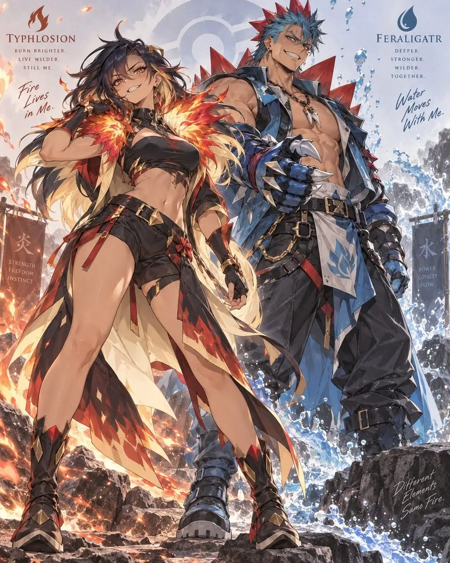 Anime Fire Water Character Poster, AI generated image