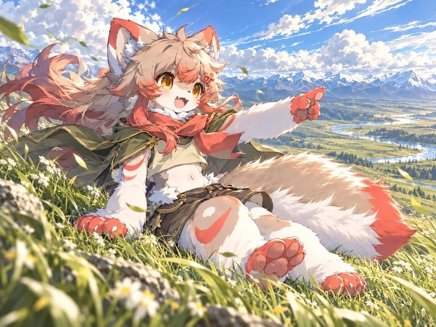 Anime Fox Girl Mountain View, AI generated image