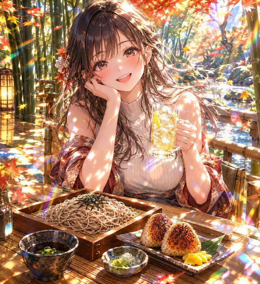 Anime Girl Autumn Soba Beer, AI generated image