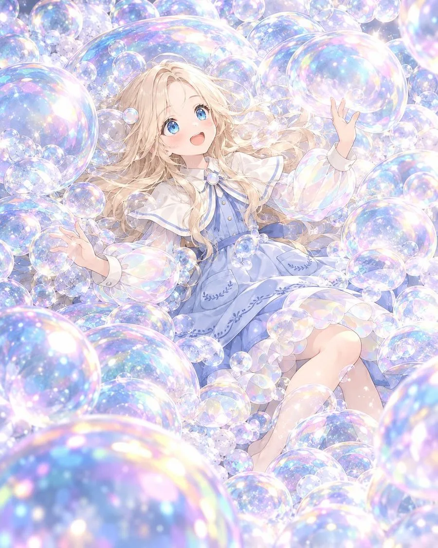 Anime Girl Bubbles Iridescent, AI generated image
