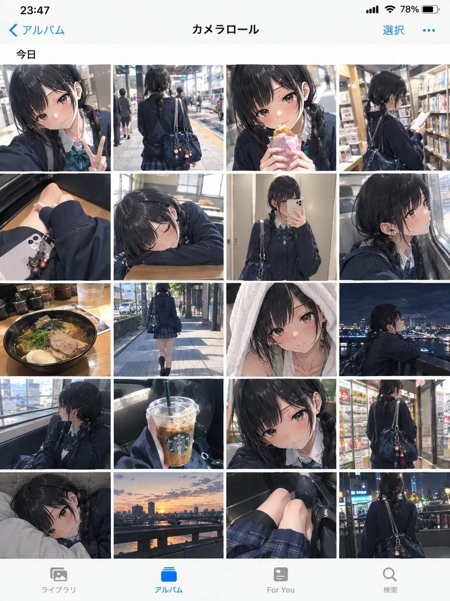 Anime Girl Camera Roll Grid, AI generated image