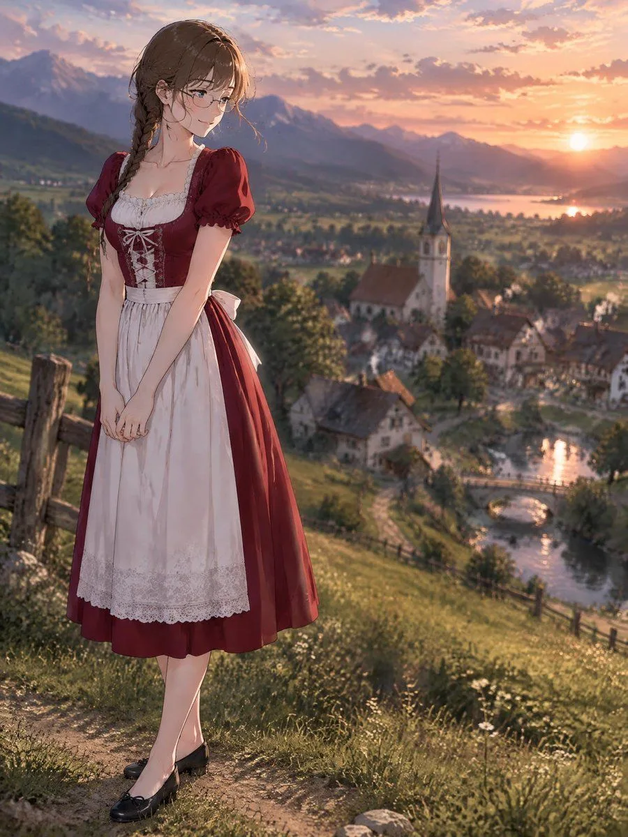 Anime Girl Dirndl Village Sunset, AI generated image