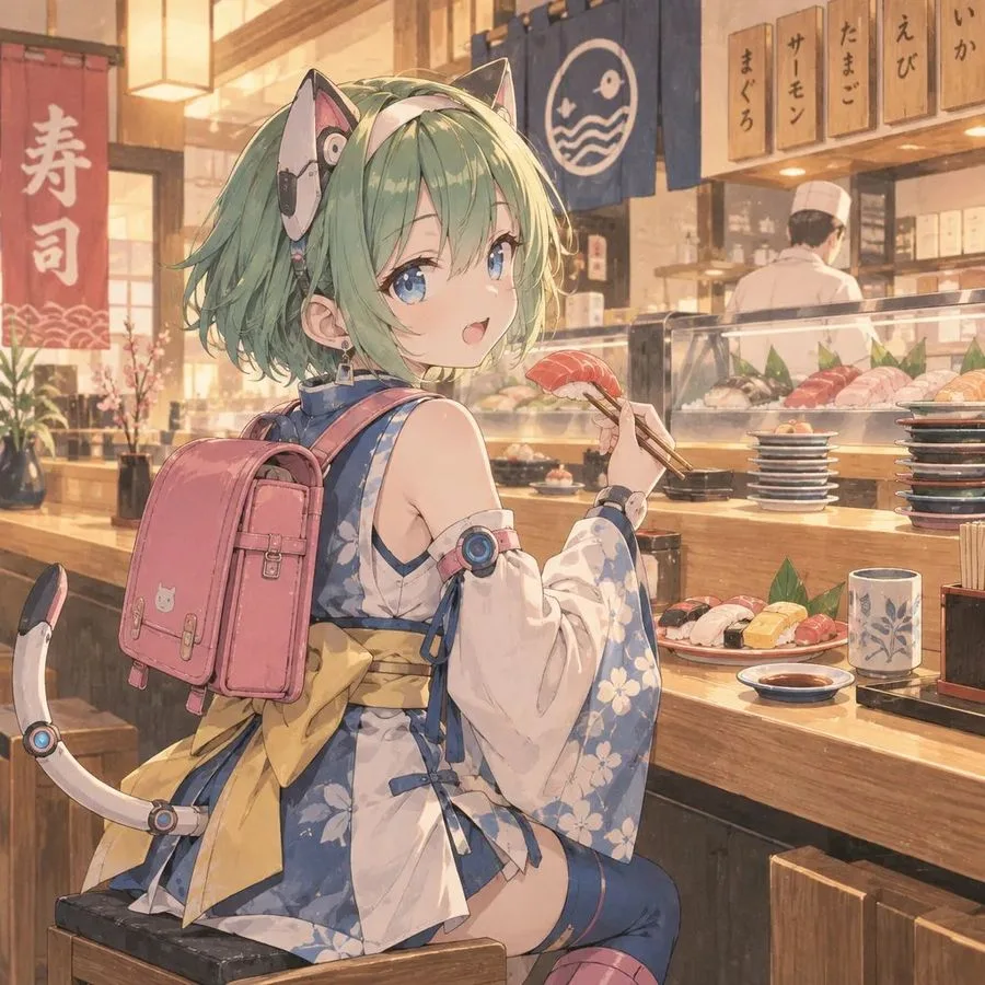 Anime Girl Eating Sushi, AI generated image