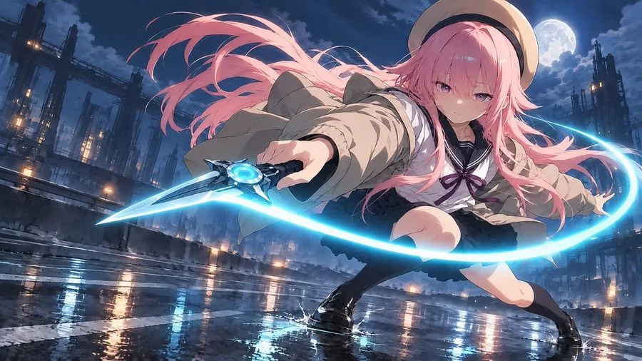 Anime Girl Energy Sword Night, AI generated image
