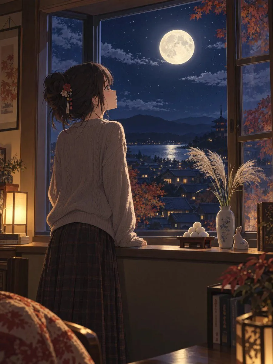 Anime Girl Full Moon Tsukimi, AI generated image