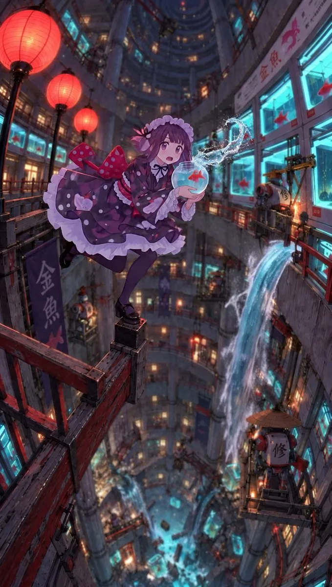 Anime Girl Goldfish Vertical City, AI generated image