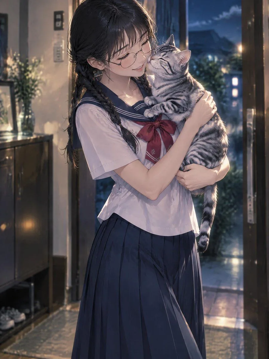 Anime Girl Holding Cat, AI generated image