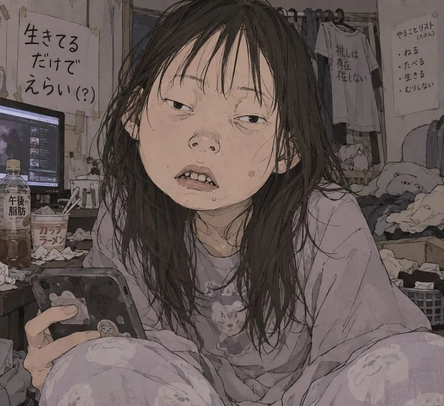 Anime Girl Messy Room Depression, AI generated image