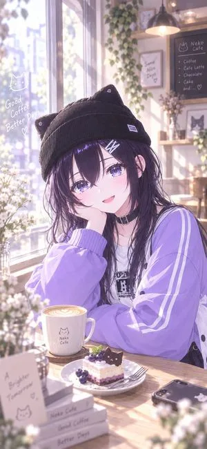 Anime Girl Purple Cafe Wallpaper, AI generated image