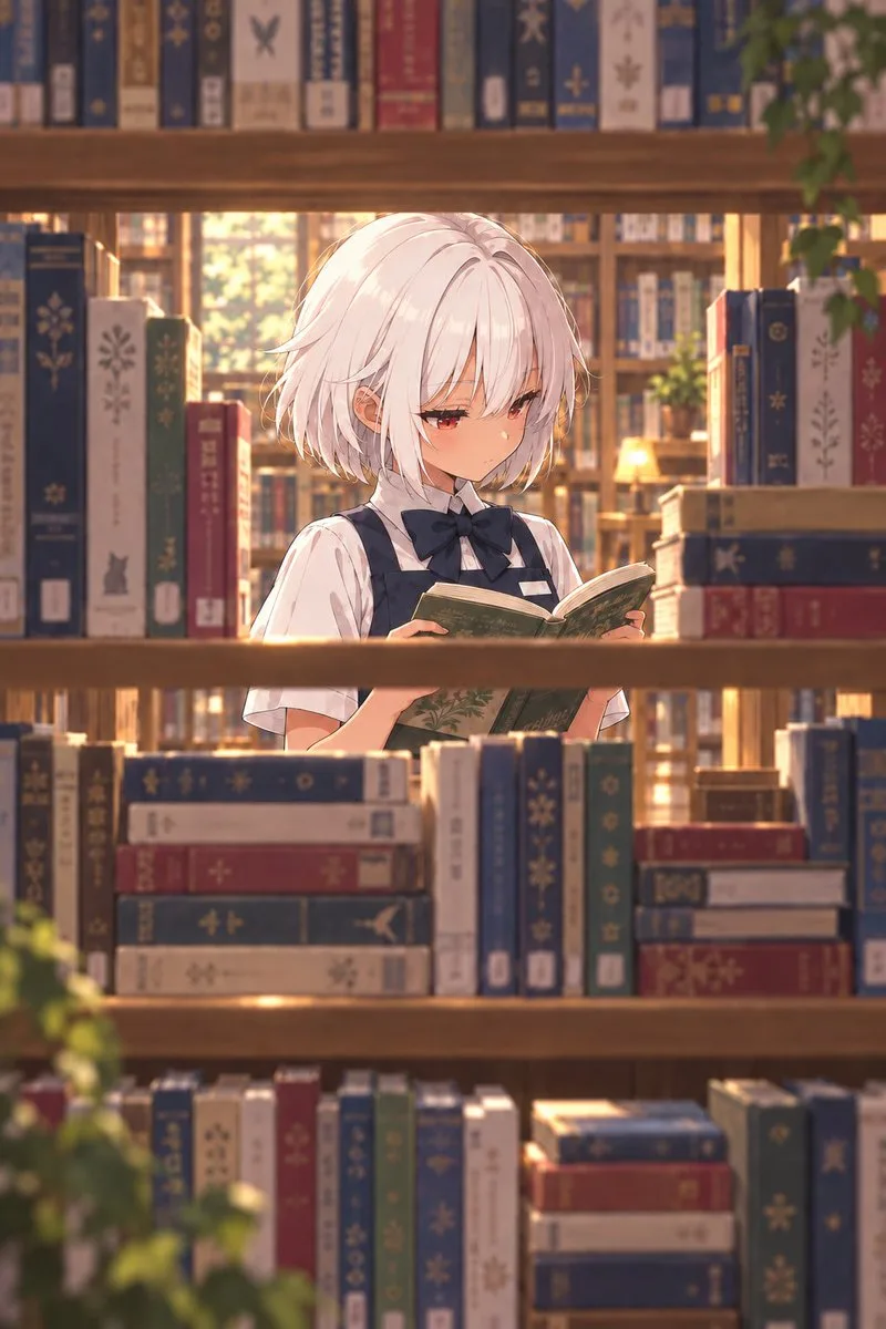 Anime Girl Reading Library, AI generated image