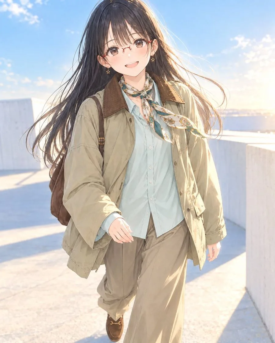 Anime Girl Rooftop Walk, AI generated image