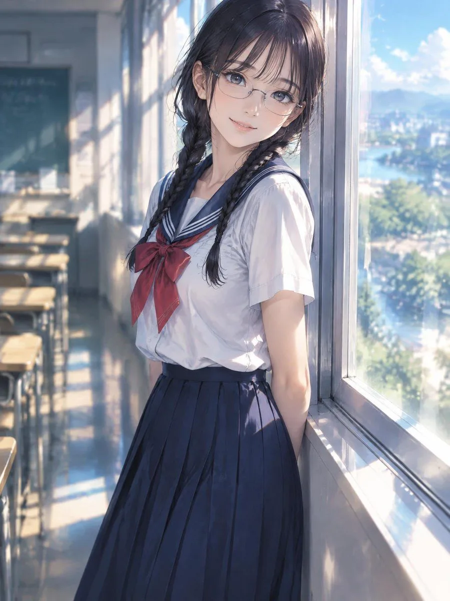 Anime Girl Sailor Uniform Window, AI generated image