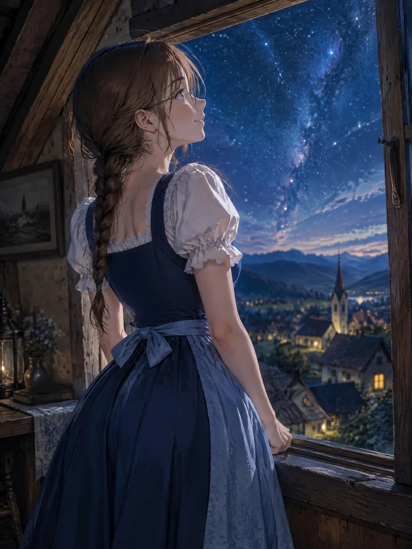 Anime Girl Starry Night Village, AI generated image