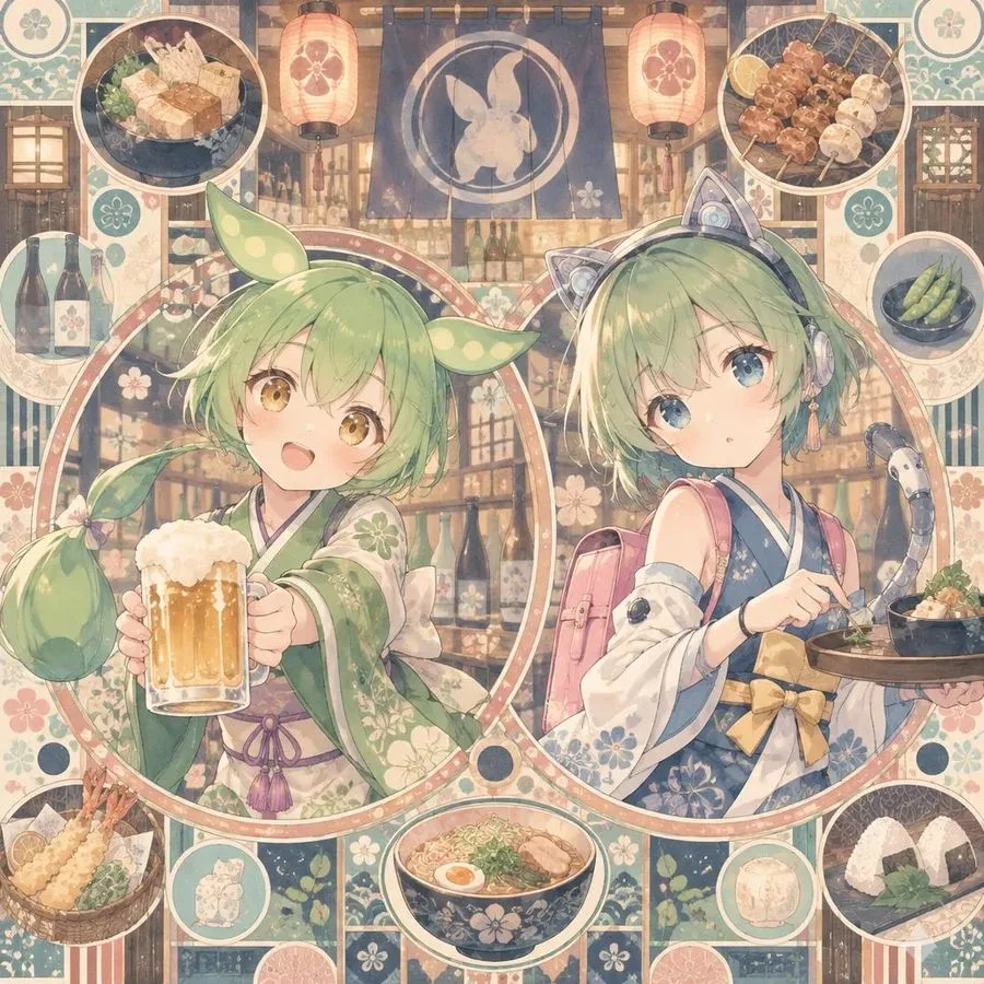 Anime Izakaya Girls Food Collage, AI generated image