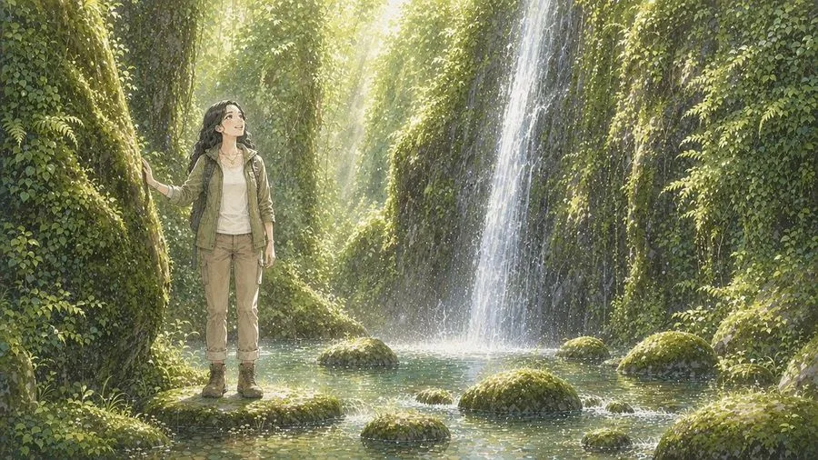 Anime Jungle Waterfall Hiker, AI generated image