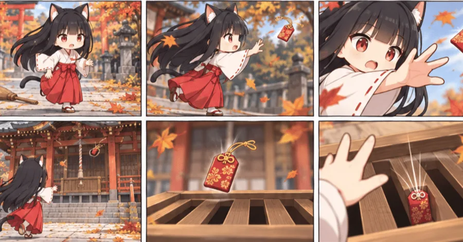 Anime Miko Shrine Storyboard Sheet, AI generated image
