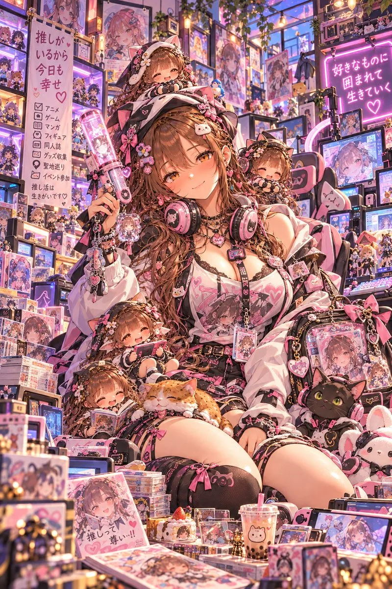 Anime Otaku Girl Pink Room, AI generated image