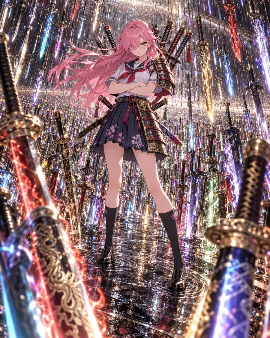 Anime Samurai Schoolgirl Swords, AI generated image