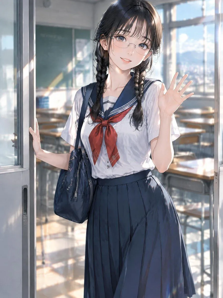 Anime Schoolgirl Waving Classroom Door, AI generated image