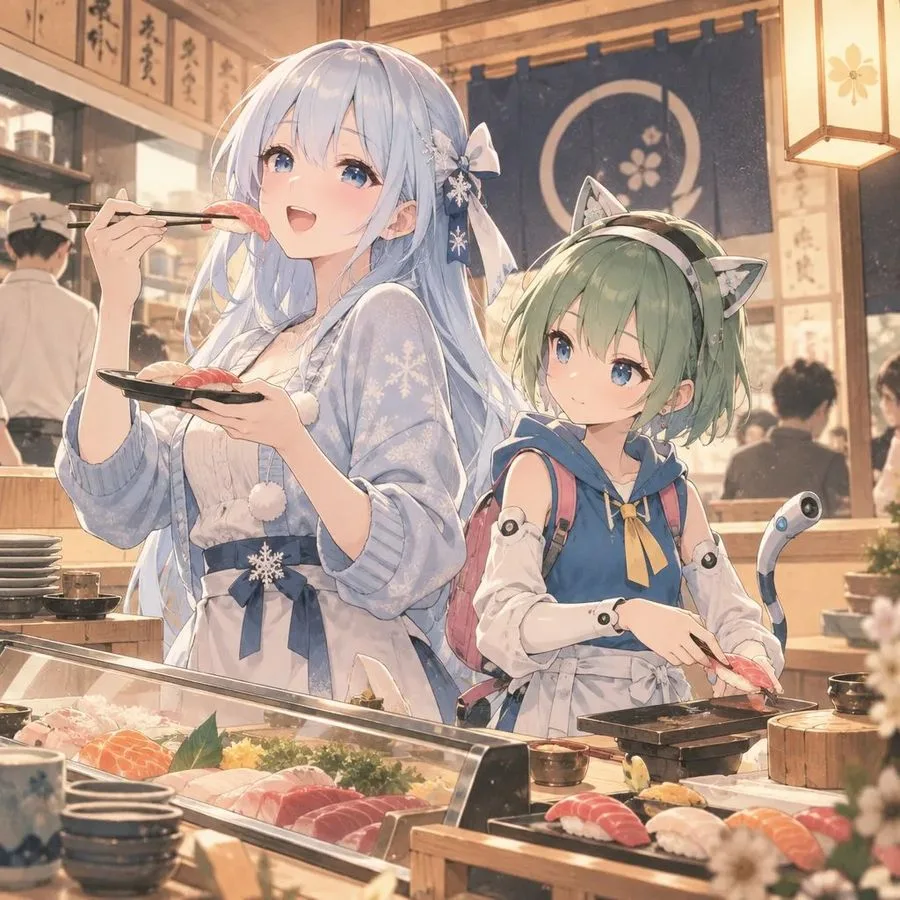 Anime Sushi Dining Illustration, AI generated image