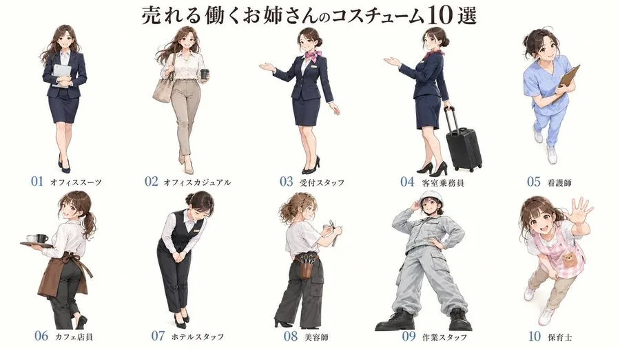 Anime Working Women Costumes Infographic, AI generated image