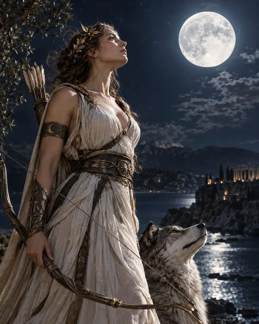 Artemis Goddess Portrait Wolf Moon, AI generated image