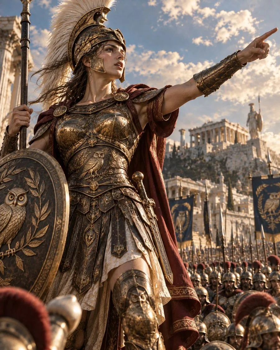 Athena Commanding Greek Army, AI generated image
