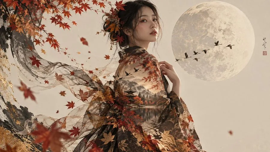 Autumn Moon Kimono Portrait, AI generated image