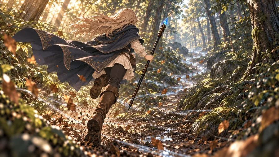 Blonde Mage Running Forest, AI generated image