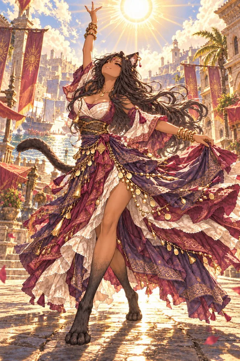 Cat Girl Dancer Ancient City, AI generated image