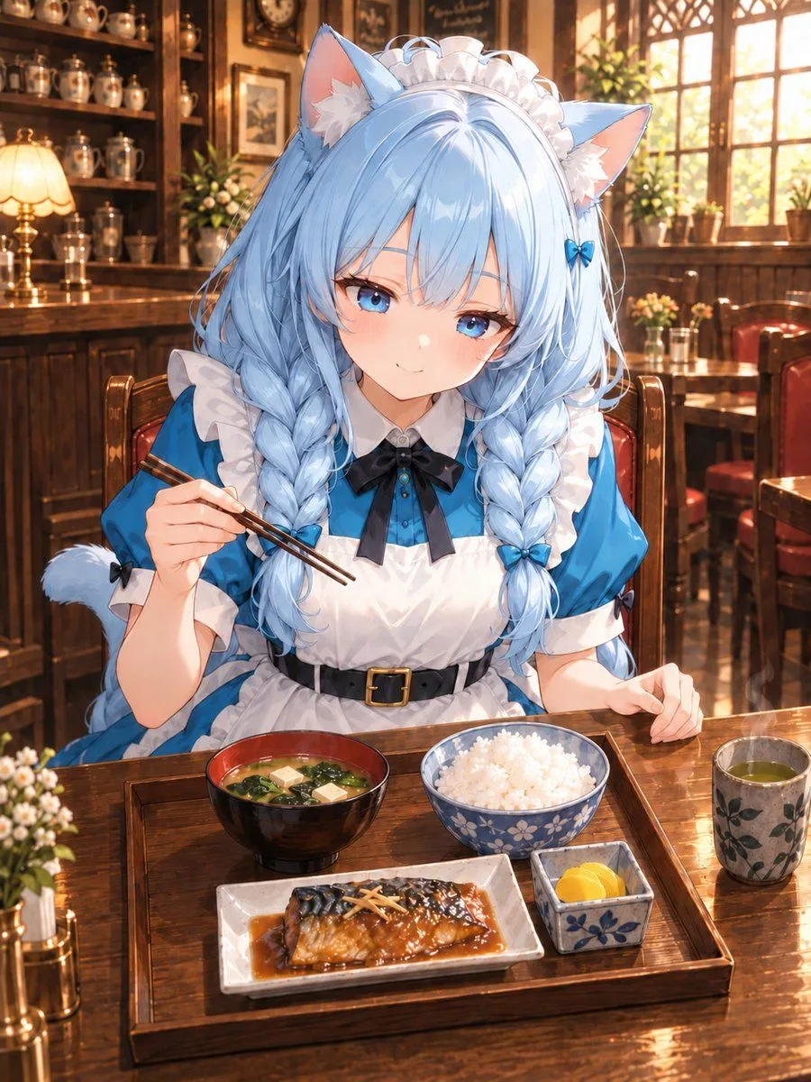 Cat Maid Japanese Lunch, AI generated image