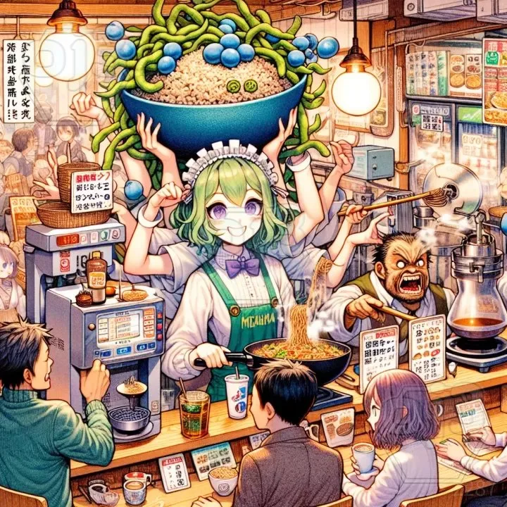 Chaotic Anime Ramen Maid Scene, AI generated image