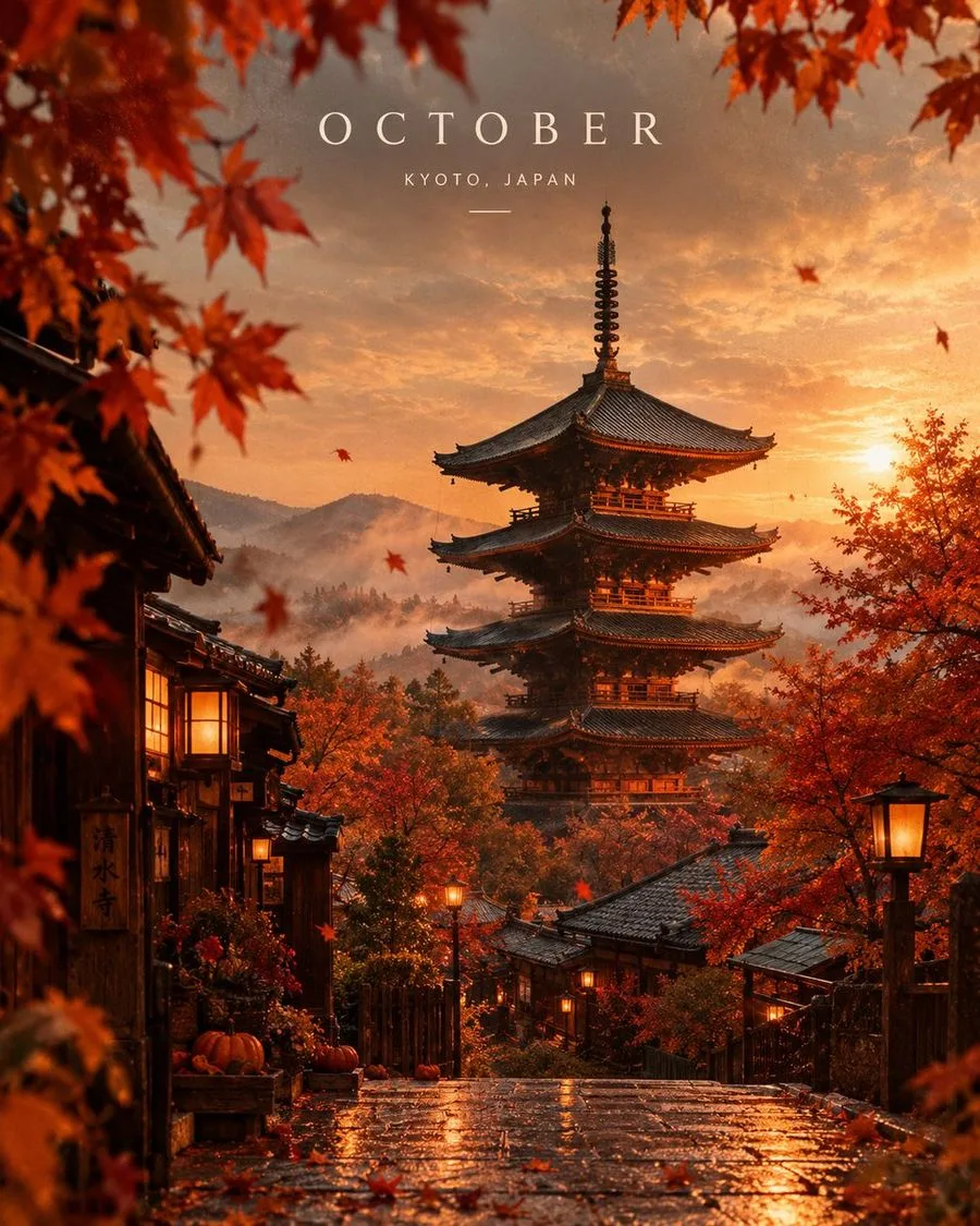 Cinematic Autumn Landmark Poster, AI generated image