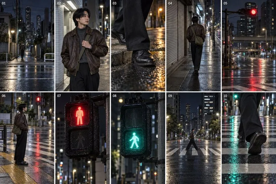 Cinematic Night Walk Storyboard, AI generated image