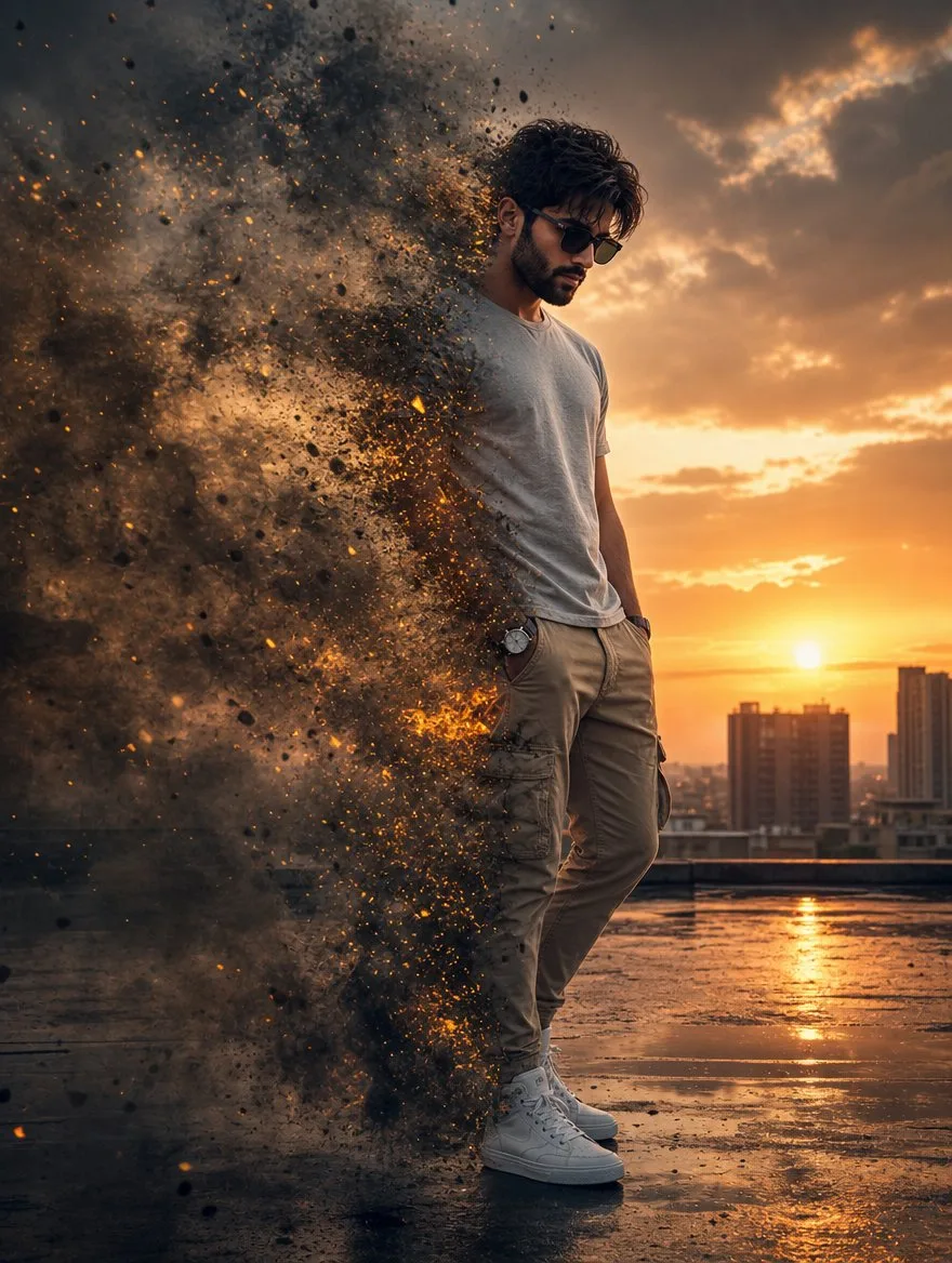 Cinematic Portrait Dissolving Smoke Effect, AI generated image