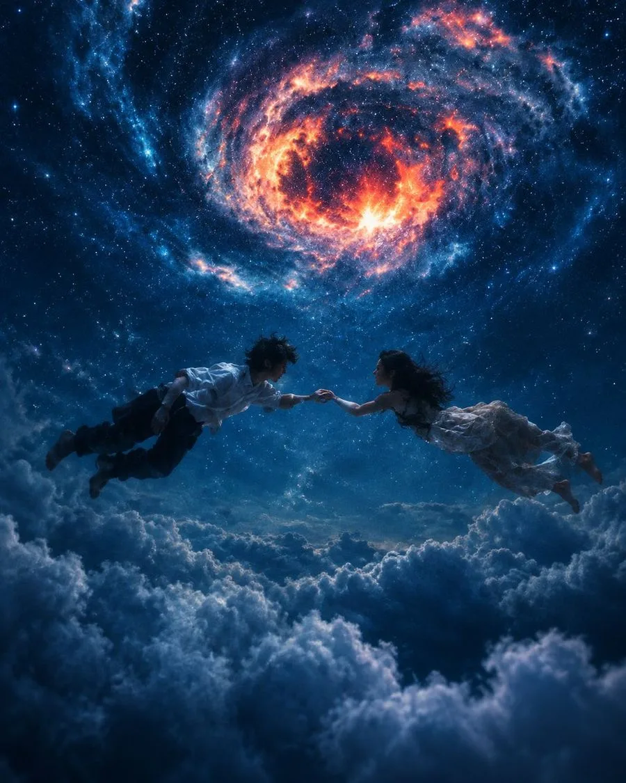 Couple Floating Space Galaxy Art, AI generated image