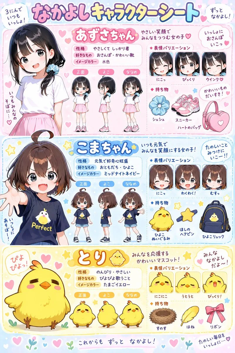 Cute Anime Character Sheet Infographic, AI generated image
