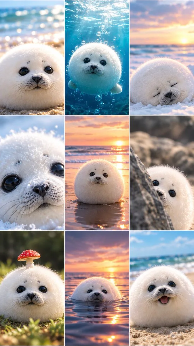 Cute Round Baby Seal Collage, AI generated image