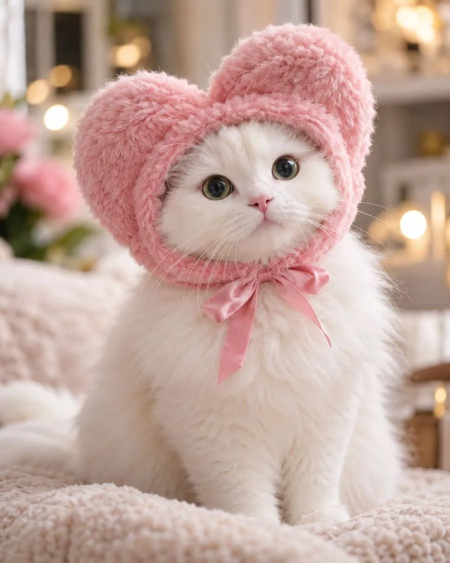 Cute White Cat Pink Heart, AI generated image