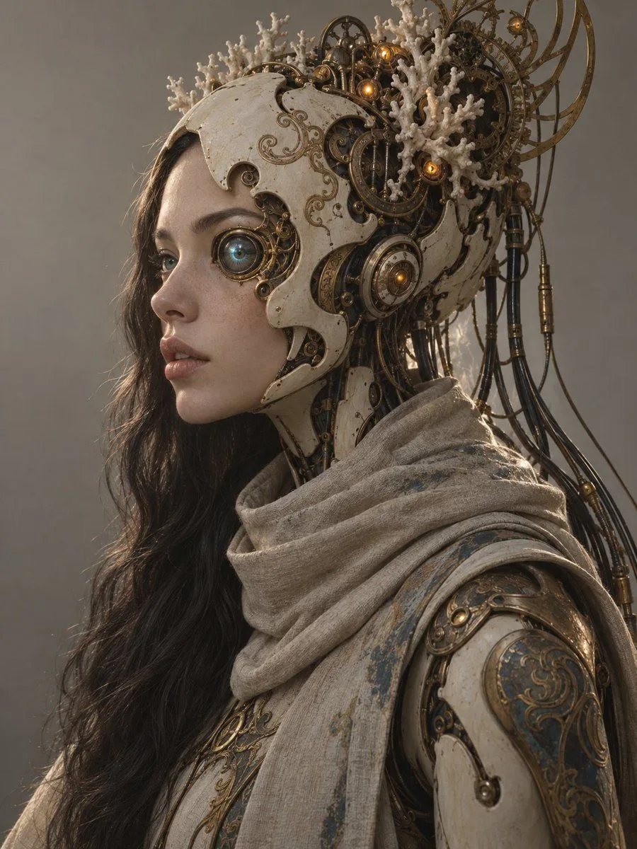 Cyborg Ivory Brass Portrait, AI generated image