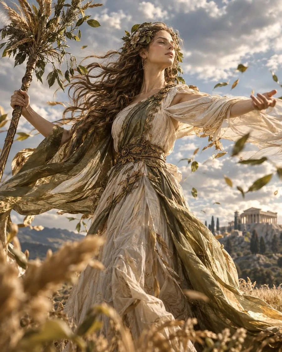 Demeter Goddess Wheat Field Portrait, AI generated image