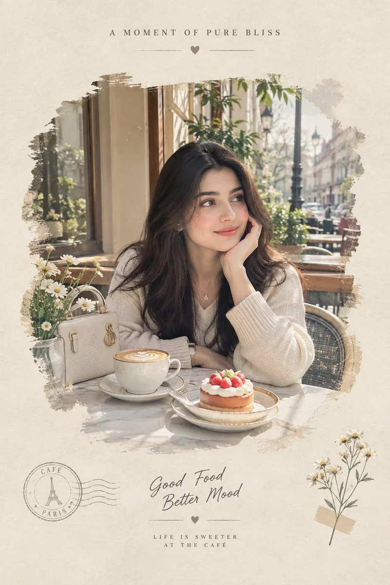 Dreamy Scrapbook Cafe Portrait, AI generated image