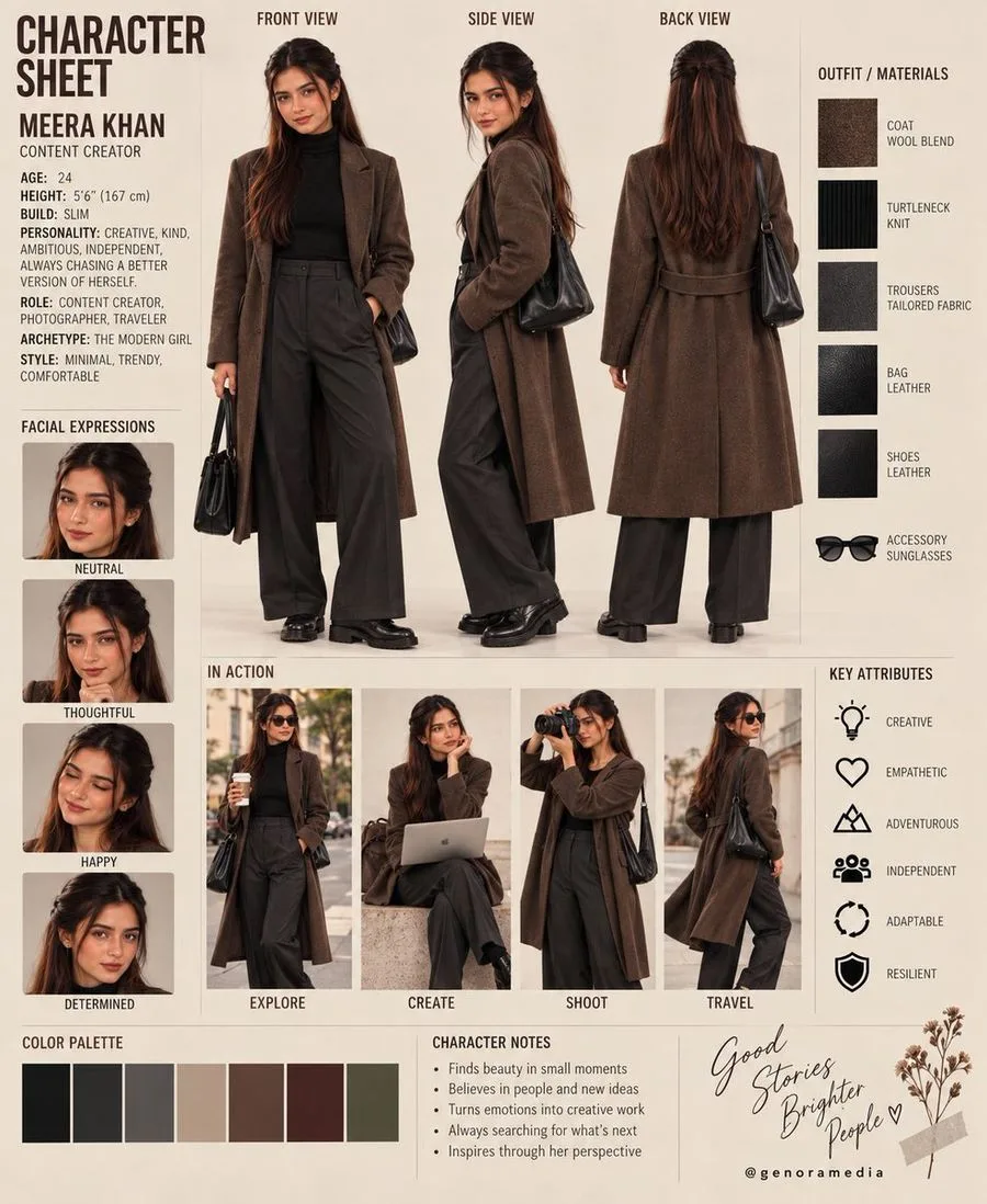 Editorial Character Reference Sheet, AI generated image