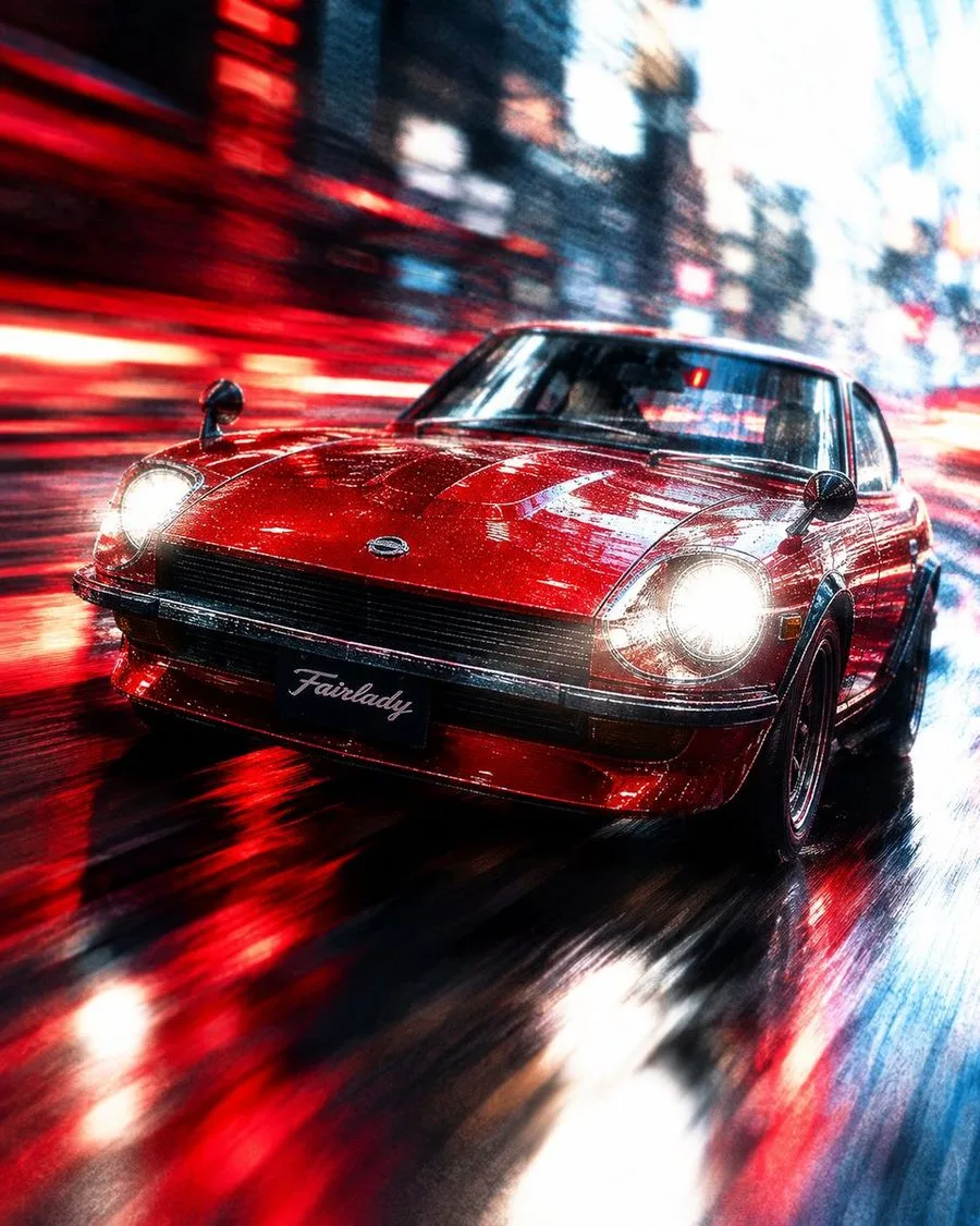 Fairlady Z Neon Rain Night, AI generated image