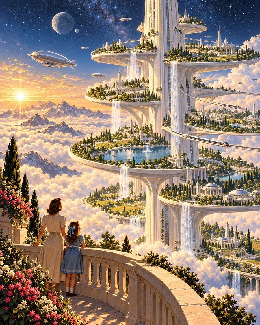 Fantasy Cloud City Waterfalls, AI generated image